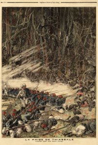 Die Eroberung von Thiassale (Elfenbeinküste) durch Hauptmann Jean Baptiste Marchand (1863-1934), Kommandant der Kolonialtruppen, mit einer Truppe von 115 Mann kämpften sie gegen die Baoule-Krieger zwischen dem Bendama-Fluss und dem Urwald. Gravur in „Le p