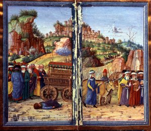 Der Transport der Heiligen Bundeslade, gefolgt von David, der das Psalter spielt; Ozam, der versucht hatte, sie zu halten, liegt tot am Boden. Davids Psalter