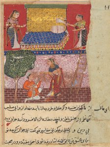 Die Schwiegertochter des Königs von Banaras, bezaubert von der Musik eines Vagabunden, kommt herunter, um ihn zu treffen, aus einem Tuti-nama (Geschichten eines Papageis): Sechzehnte Nacht von Unknown artist