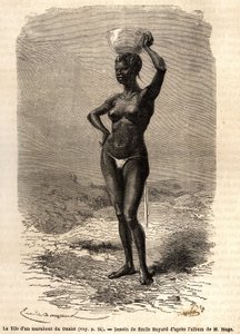 Die Tochter eines Marabouts aus Oualet (Mauretanien), trägt eine Schale auf dem Kopf, um schwarze Seife herzustellen. Gravur zur Illustration der Reise in den westlichen Sudan von Leutnant (Marine) M. Mage, 1863-1866, veröffentlicht in „Le tour du monde, n