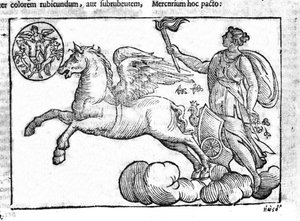 Die Morgenröte (der Sonnenwagen). Allegorie des Sonnenaufgangs mit Figuren der griechischen und römischen Mythologie am Himmel. Gravur aus „Mythologiae sive explicationes fabularum“ von Natalis Comitis. 1637 von Unknown artist