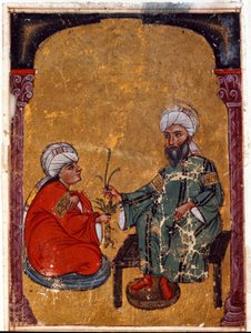Der Arzt und Botaniker Pedanius Dioscorides (40-90 n. Chr.) erklärt einem seiner Schüler die Tugenden von Pflanzen, abgeleitet aus seinem Traktat „De materia medica“ (Fol. 2 verso). Aus dem Irak. 1229 Topkapi Sarayi Museum Bibliothek, Istanbul von Unknown artist