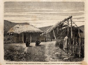 Die Wohnung und Werft eines englischen Bauherrn in Noumea, der indigene Arbeitskräfte einsetzt. Gravur zur Illustration der Reise nach Neukaledonien, von Jules Garnier, 1868 von Unknown artist
