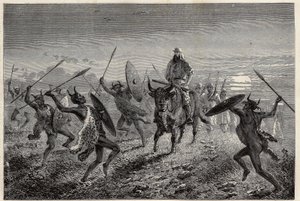 Die Eskorte des Reisenden Baker führt eine Fantasia auf, bevor sie zum Albertsee (oder Albert Nyanza) aufbricht. Illustration der Reise zum Albertsee, 1861-1864, von Sir Samuel White Baker, in "Le tour du monde, nouveau journal des voyages" von Unknown artist