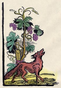 Der Fuchs und die Trauben. Fabel von Aesop (18. Jahrhundert, Gravur)