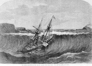 Die riesige Welle des Tsunamis von Dezember 1867 in Saint Thomas, Jungferninseln, trifft auf das Radboot La Plata. Stich aus dem 19. Jahrhundert. von Unknown artist