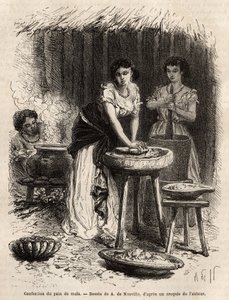 Die Herstellung von Maisbrot, der Grundlage der Nahrung, durch Frauen des Großen Cauca-Tals (Kolumbien). Gravur zur Illustration der Reise nach Neu-Granada, von Dr. Saffray, 1869, veröffentlicht in „Le tour du monde“ 1873, herausgegeben von Edouard Charton von Unknown artist