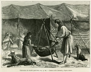 Die Herstellung von Milch durch die Frauen der Hirten der Region Karoun. Gravur zur Illustration der Geschichte „La Perse, la Chaldée et la Susiane“ von Jane Delafoy (1851-1916), Akademieoffizier, in Le Tour du monde 1886, unter der Leitung von Edouard Cha von Unknown artist