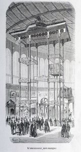 Der mechanische Aufzug des Ingenieurs Edoux auf der Weltausstellung 1867 - Gravur von Unknown artist