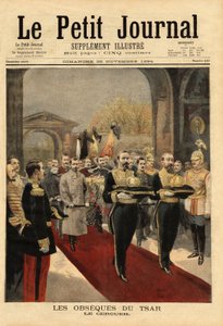 Die Beerdigung von Zar Alexander III. (1815-1894), in der Kathedrale von St. Peter und St. Paul, Nekropole der Romanows, im Zentrum der Festung von St. Petersburg. Gravur in „Le petit journal“ 25/11/1894. Sammlung Selva.