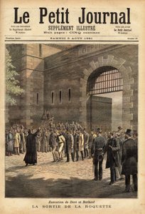 Die Freilassung aus dem Pariser Gefängnis von der Rakete am 27. Juli 1891, Verbrecher Dore und Berland zum Tode verurteilt. Gravur von Henri Meyer in „Le petit journal“ 8/08/1891. Sammlung Selva.