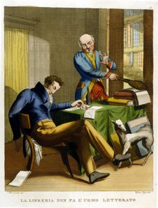 Das Sprichwort: „Die Bibliothek macht den Menschen nicht kultiviert“. Illustration aus einer Sammlung von Sprichwörtern des 18. Jahrhunderts. von Unknown artist