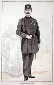 Der Unterbrigadier Poisson. Farbradierung zur Illustration „Histoire du corps des gardiens de la paix“, Buch veröffentlicht unter der Schirmherrschaft von Louis Lepine (1846-1933), Polizeipräfekt der Seine, von Alfred Rey (1864-?) und Louis Feron (1862-?).