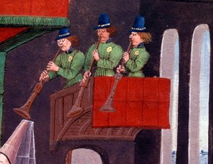 Das Hochzeitsbankett von Clarisse, Tochter von König Yvon von Gascogne und Renaud (Detail). Miniatur aus dem Manuskript „Renaud de Montauban“ oder „Les quatre fils Aymon“ von Loyset Liedet (aktiv zwischen 1448 und 1478). Ms. 5073 von Unknown artist