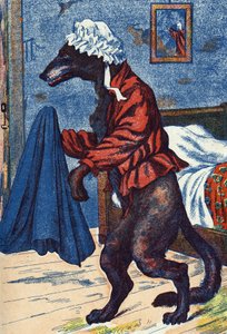 Der Wolf zieht die Kleider der Großmutter an. Anonyme Illustration für „Rotkäppchen“, Märchen von Charles Perrault (1628-1703), französischer Schriftsteller. Bildmaterial Marcel Vagne, Jarville Nancy, undatiert (spätes 19. Jahrhundert)