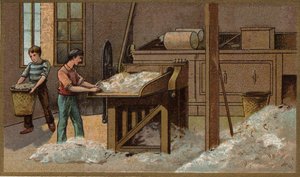 Die Wollindustrie: Dreschen. Chromolithografie aus dem späten 19. Jahrhundert