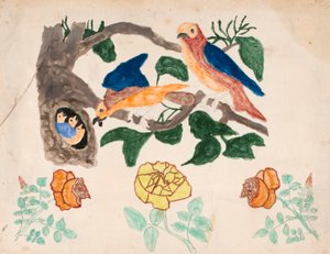Drei Rosen und Vogelfamilie