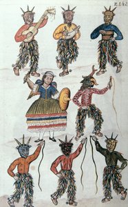 Traditioneller Tanz der Diablicos in Peru, aus dem Buch "Trujillo del Peru" oder "Códice Martínez Compañón", von Baltazar Martinez Compañón y Bujanda, Bischof von Trujillo (1782-1785)
