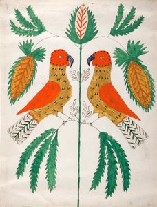 Zwei rote und gelbe Papageien, die sich gegenüberstehen (Grüne Blätter) von Unknown artist