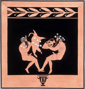 Zwei Faune essen und trinken Wein - „Gemälde antiker Vasen, vulgär etruskisch genannt“, aus verschiedenen Sammlungen entnommen und von A. Clener graviert, begleitet von Erklärungen von A.L. Millen. Von Dubois-Maisonneuve. Bibliothek von Maisons Alfort, Vet