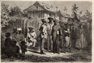 Typen von Eingeborenen aus Cayenne (Französisch-Guayana), Frauen gekleidet in Sapling (geknotetes Kleid) aus Madras und mit bunten Turbanen, die Männer haben das westliche Kostüm übernommen. Gravur zur Illustration der Reise nach Französisch-Guayana in den