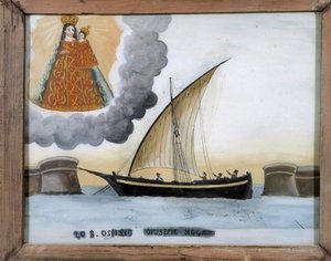 Schiff in Schwierigkeiten - Malerei auf Glas, Ex-Voto der Notre Dame de Laghet, 25x32 cm
