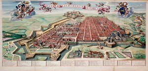 Ansicht und Karte der Stadt Turin im Jahr 1700. Farbiger Druck