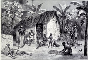 Ansicht einer Plantage mit einer Gruppe von Schwarzen in Westindien. Kupferstich aus dem 18. Jahrhundert von Unknown artist