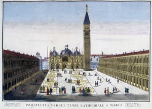 Ansicht der Basilika und des Campanile vom Markusplatz (San Marco) in Venedig, Italien. Gravur des 18. Jahrhunderts.