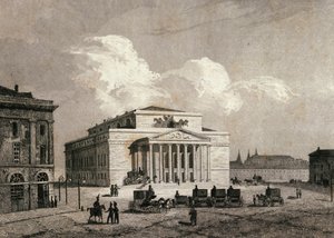 Ansicht des Bolschoi-Theaters in Moskau, Russland im Jahr 1838. Gravur des 19. Jahrhunderts