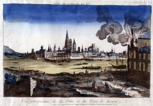 Ansicht der Stadt Rouen, ihres Hafens und der Brücke über die Seine Ende des 18. Jahrhunderts.