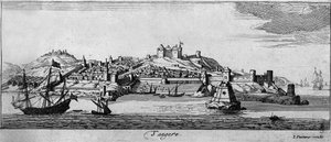 Ansicht der befestigten Stadt Tanger und der Küste, Marokko. Gravur aus dem 18. Jahrhundert
