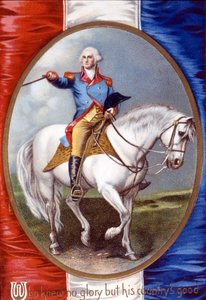 Wer keinen Ruhm kannte außer dem Wohl seines Landes: George Washington (1732-1799) reitend im Medaillon auf der Rückseite der französischen Flagge