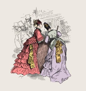 Frau in einem Museum: „Wenn ich Ihnen sage, dass es ein Kleid von Worth ist, erkenne ich den Stil“ (Charles Frederick Worth 1825-1895) - Illustration von Charles Albert d
