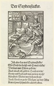 Holzschnitt (Faksimile): Eine Stickerin bei der Arbeit