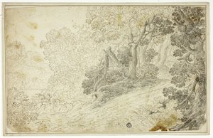 Bewaldete Flusslandschaft mit Blick auf eine Burg