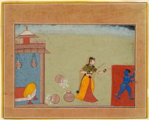 Yashoda bestraft ihren Pflegesohn, den jungen Krishna, Seite aus einem Manuskript des Bhagavata Purana