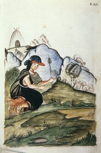 Junge indische Schäferin, die in der Natur gebiert, aus dem Buch 