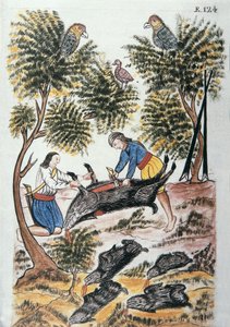 Junge Indianer Motilones schlachten ein Wildschwein, aus dem Buch "Trujillo del Peru" oder "Códice Martínez Compañón", von Baltazar Martinez Compañón y Bujanda, Bischof von Trujillo (1782-1785)