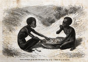 Junge Bettler des Kychi-Stammes (im Gebiet des Oberen Nils) nehmen eine Mahlzeit im Austausch für ein paar Bündel. Gravur zur Illustration der Reise zum Albertsee