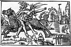 Der Teufel nimmt eine Hexe von einem Pferd und bringt sie in die Hölle. Holzschnitt aus dem 16. Jahrhundert von Unknown artist