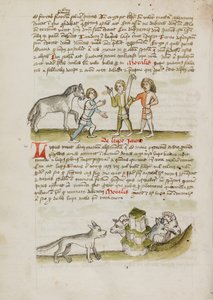 Ein Mann führt ein Pferd zu zwei anderen Männern; Ein Wolf vor einer Herde von Schafen und Widdern von Unknown artist/maker