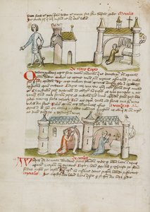 Ein Mann mit Schwert und Sporen führt einen Esel aus seinem Haus, während ein Mann in einer nahegelegenen Kirche betet; Zwei Personen beten in einer Kirche von Unknown artist/maker