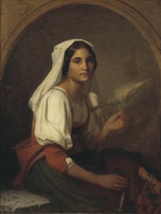 Eine italienische Frau beim Flachsspinnen