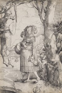 Frau in der Nähe eines gehängten Mannes