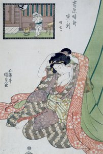 Stunde des Drachen, fünfte bis siebte Stunde des Morgens, ca. 1818, Ukiyo-e Kunstdruck von Utagawa Kunisada aus Die zwölf Stunden in Yoshiwara, Oban-tate-e Holzschnitt von Utagawa Kunisada