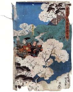 Yoshiie dichtet am Nakoso-Sperrwerk, vorbei an Kirschbäumen von Utagawa (1786 1865) Kunisada