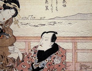 (Detail) Onoe Kikugoro III beim Teetrinken in Shinagawa, ca. 1825 von Utagawa Kunisada