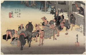 Wechselnde Träger und Pferde, Fujieda, ca. 1833