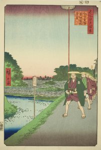 Fernblick auf das Akasaka-Reservoir vom Kinokuni-Hang (Kinokunizaka Akasaka Tameike enkei), aus der Serie "Hundert berühmte Ansichten von Edo (Meisho Edo hyakkei)" von Utagawa Hiroshige